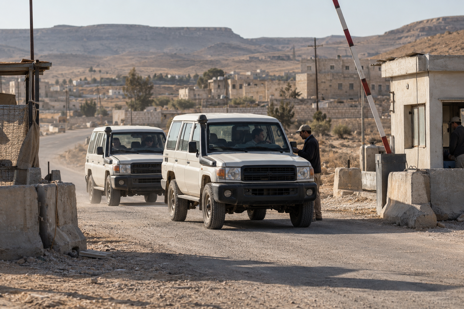 Illustrative scene of two white four-wheel-drive vehicles approaching a roadside checkpoint outside an arid town