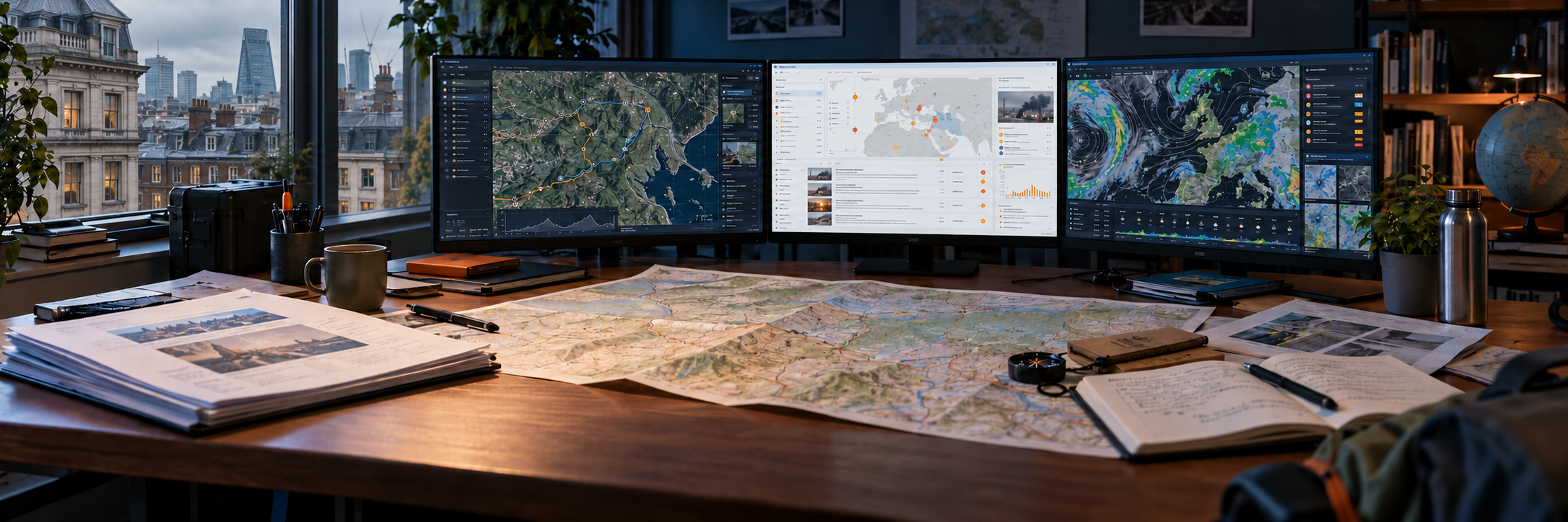 Illustrative London planning workspace with three screens showing route mapping, news and risk information, and weather monitoring